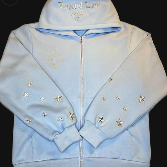 COPY - Beyond Lost NYC Baby Blue Zip up hoodie Silver metallic embroidered stars - Picture 2 of 5